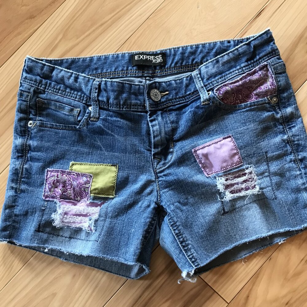 Upcycled Ripped Jean Short Cutoffs, Patchwork Distressed Junior Size 8 - Picture 11 of 11